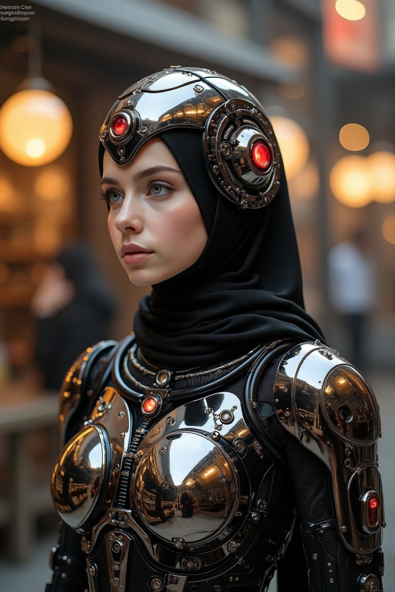 A striking fusion of futuristic technology and cultural heritage,  the scene features a young woman depicted as a cybernet...