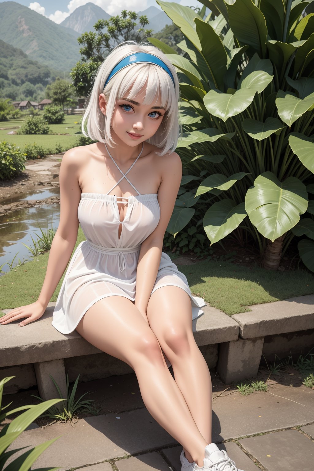 (Risteena Munim 1:1), 18 years old girl, instagram celebrities, detailed blue eyes, short wavy hair, white hair, short front bangs hair, messy hair, strapless tanktop short dress, sneakers shoes, wet clothes, HD, 8K, in the morning, walking at indonesian village, dirt path, rice fields, banana trees, mountains view, sitting on the edge of the ponds, showing beautifull thigh, headband,huge boob, from front,
1girl, most beautiful russian girl, Russian beauty model, stunningly beautiful girl, gorgeous girl, over sized eyes, big eyes, smiling, looking at viewer