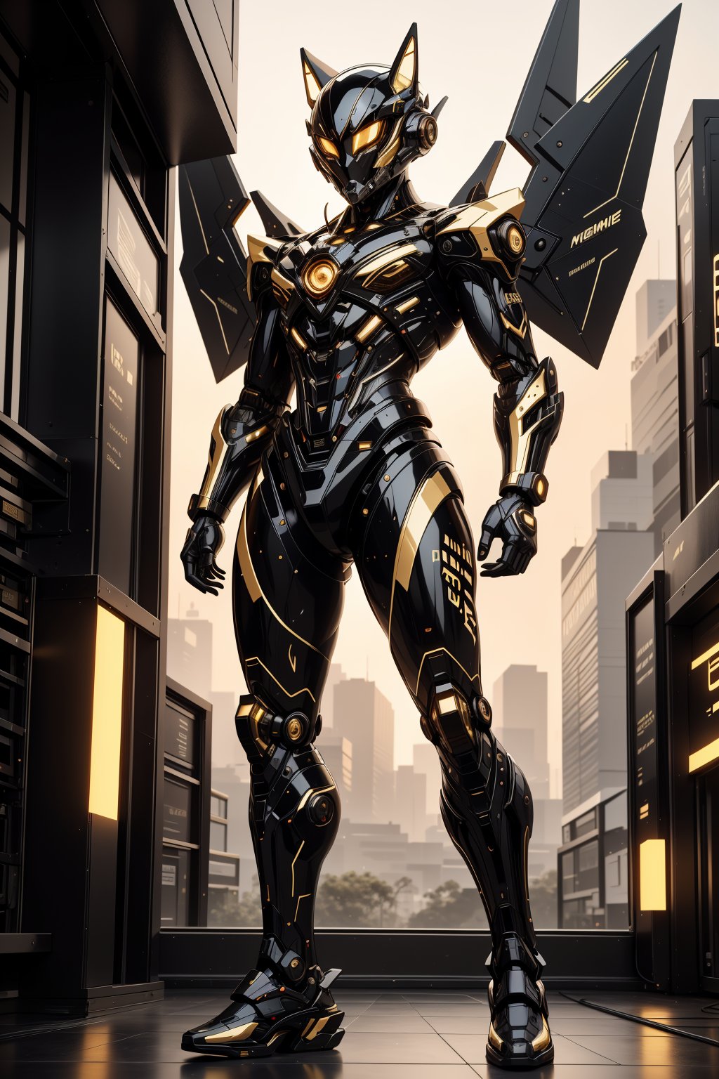 full body view, black and gold color, a sleek mecha foxboy warrior, with sleek and cybernatic foxboy helmet with fox ear design, cybernatic wings, cybernatic scythe, inticated, glossy gold, ultra sharp, full cybernatic, fighting stance on the roof top buiding of cybernatic city, low angle shot, action pose, photo-ultrarealistic, dramatic, vivid colors, sharp focus, HDR, UHD, 16mm, color graded Portra 400 film, extreme colors, Hyper Detailed, Cinematic Lighting Photography cap