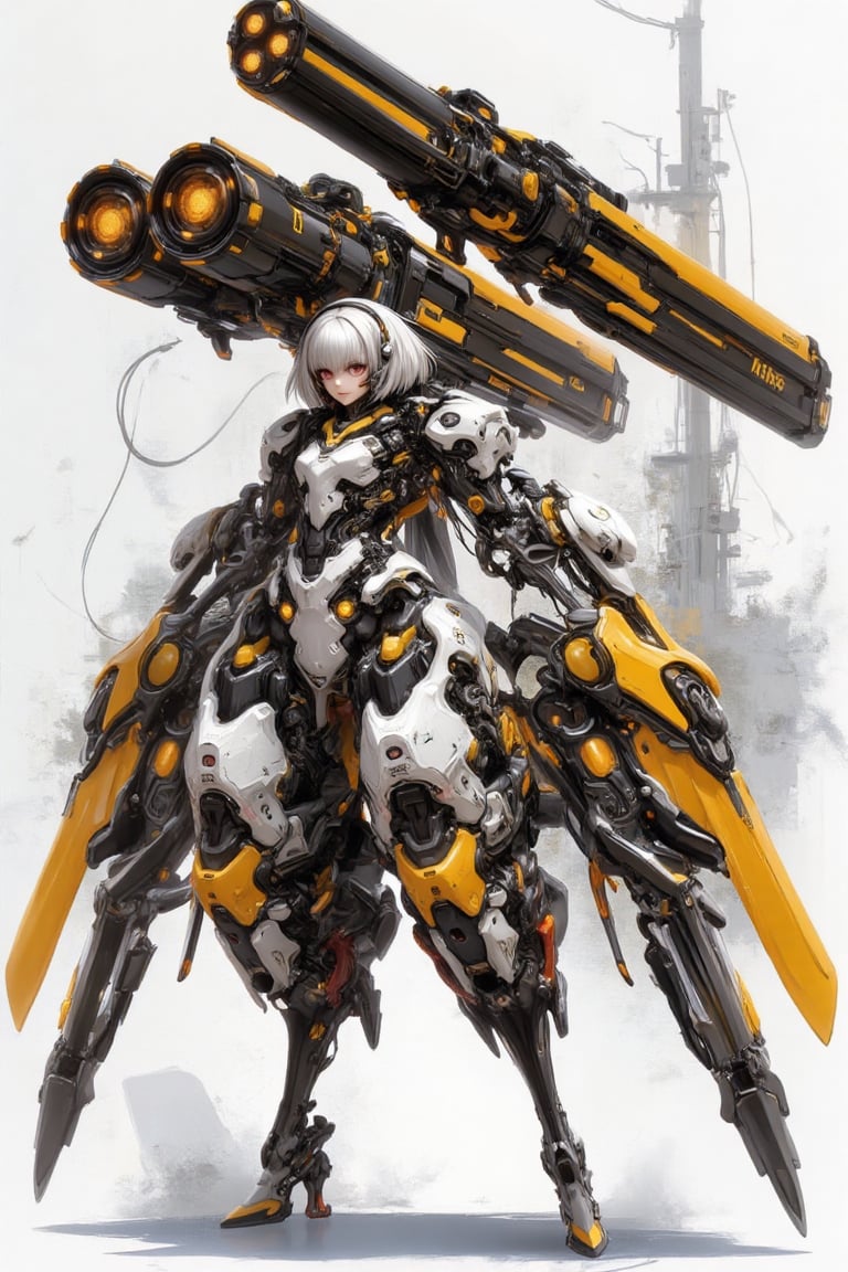 A strikingly futuristic mecha-warrior,  blending elegance and lethality,  stands poised in a commanding stance by KIMI SHI...