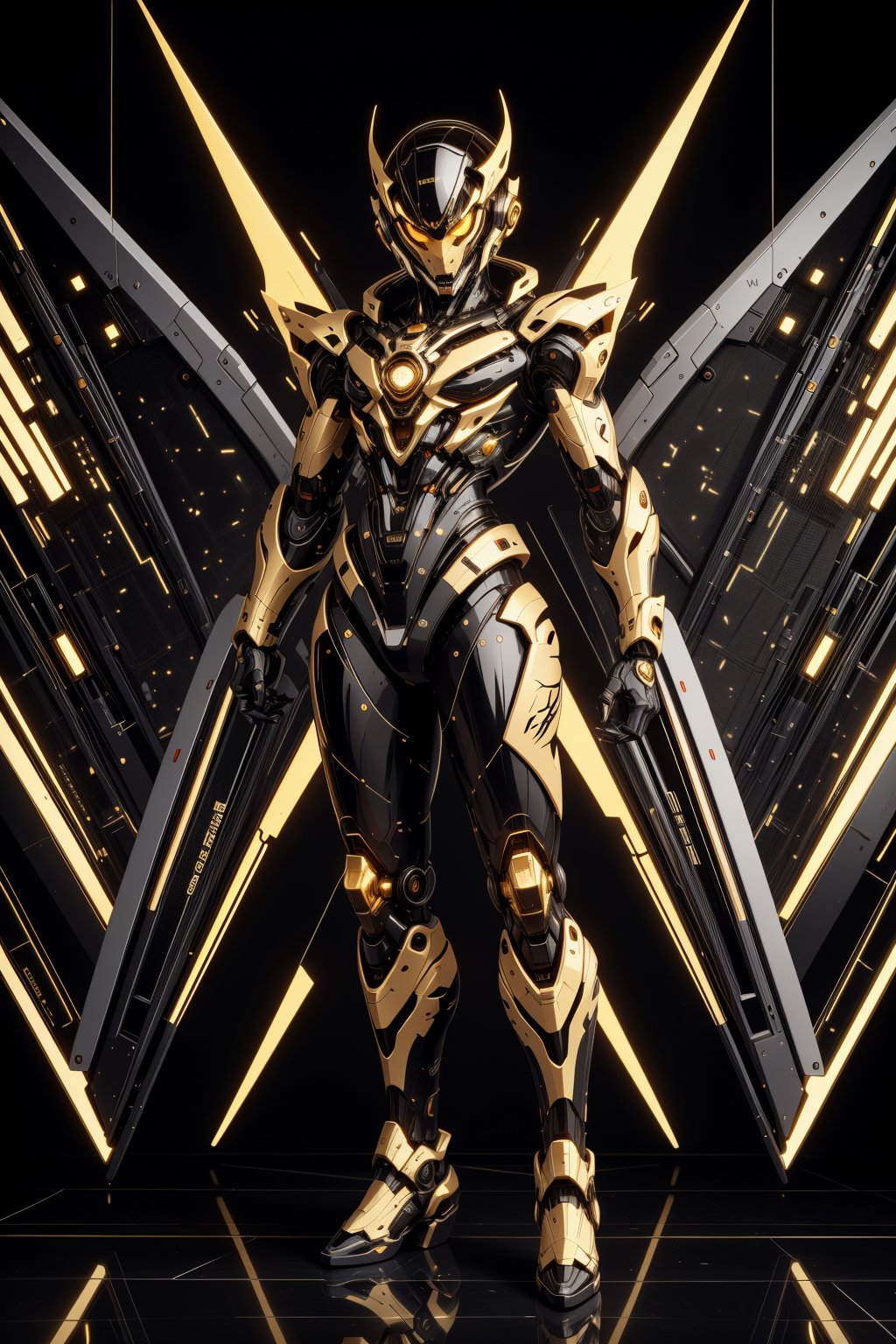 full body view, black and gold color, a sleek mecha kyubi boy warrior with nine mechanical tails, with sleek and cybernatic kyubi boy helmet with kyubi ear design, cybernatic wings, cybernatic scythe, inticated, glossy gold, ultra sharp, full cybernatic, fighting stance on the roof top buiding of cybernatic city, low angle shot, action pose, photo-ultrarealistic, dramatic, vivid colors, sharp focus, HDR, UHD, 16mm, color graded Portra 400 film, extreme colors, Hyper Detailed,