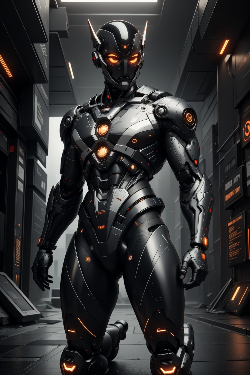 A photo of a futuristic cyborg in a full-body power suit made of black matte metal and polymer, with a full crystal hull. The suit is designed like a medieval knight, with a red cape. The suit is designed for a fit man and is imposing, modern, and futuristic. There are few parts of the suit that are glowing with neon lights, but the overall design is minimalistic. The cyborg is kneeling in front of a gigantic, large square marble testament tablet with the big cuneiform style fonts text "5K Vokabers". The background is a dystopian futuristic city at night. The overall image has a dystopian and mysterious ambiance.