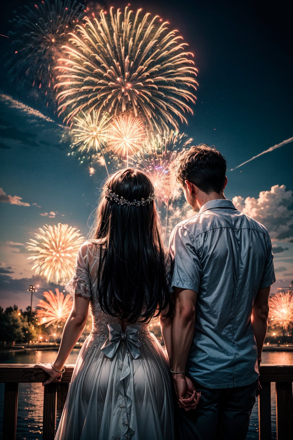 A couple getting married, outdoor, landscape, fireworks in a sky, (From behind:1.2). Raw photo, depth of field, UHD, retina, masterpiece, super detail, high details, high quality, award winning, best quality, highres, 