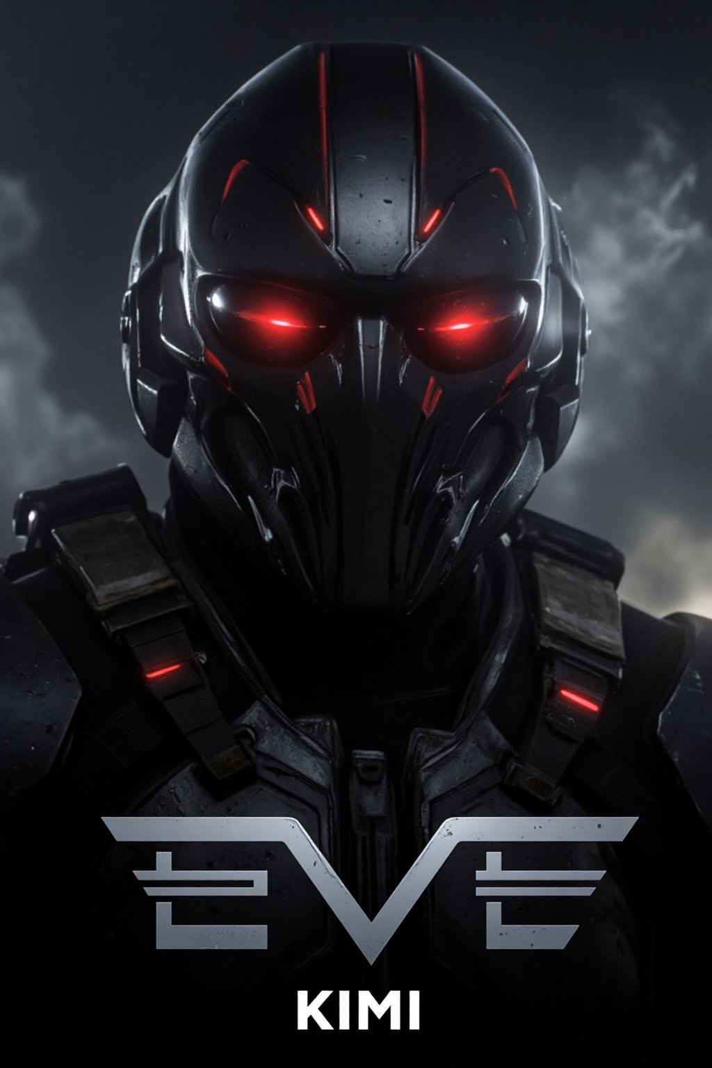 FuturisticWarrior style,, The image is a digital art piece that appears to be a futuristic or sci-fi scene. It shows a close-up of a gallente assault's head and upper body, with a metallic armor-like appearance. The gallente assault's face is covered in red eyes, giving it a futuristic and ominous look. The background is a dark, cloudy sky with a hint of smoke or dust. The overall mood of the image is dark and ominous. The word "KIMI" is written in white text on the bottom right corner, with the word "EVE" in a larger font size than the rest of the text.