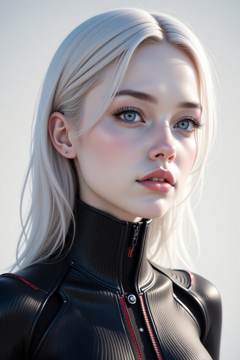 A striking portrait of a youthful woman with an ethereal presence. Her flawless,  porcelain-like skin reflects a delicate...