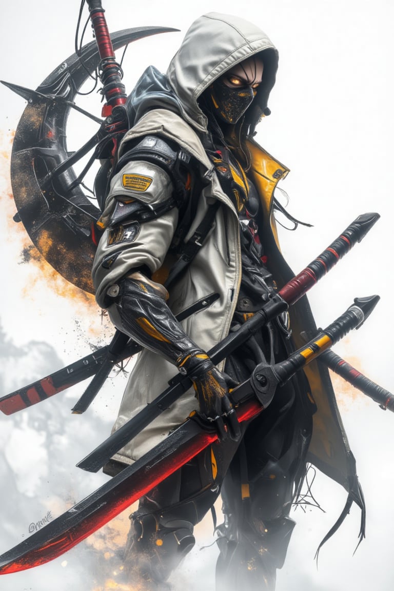 line art 2.5D anime style, an ninja assassin,.wear hoodie, wear a  half assassin mask, wield a dual blade with grip at center part, curving like a moon shape, white background, fully with smoke and foggy (line stroke style), the art mixing with black, white, orange and red colors