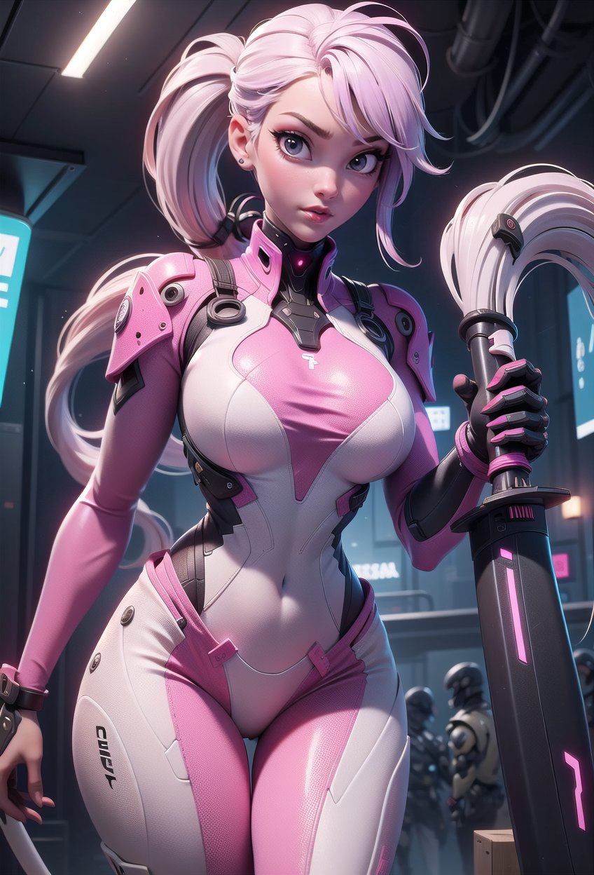 4K,hight resolution,One Woman,White pink hair,poneyTail,Colossal ,ninjartist,White Cybersuit,Cyber Sword,underground city