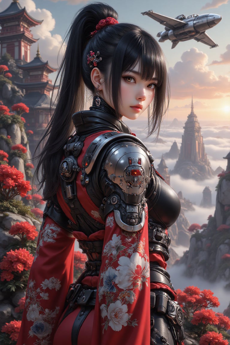 Heroic girl bathed in otherworldly light,  her sharp gaze fixed on the endless alien horizon,  blending the elegance of Ja...