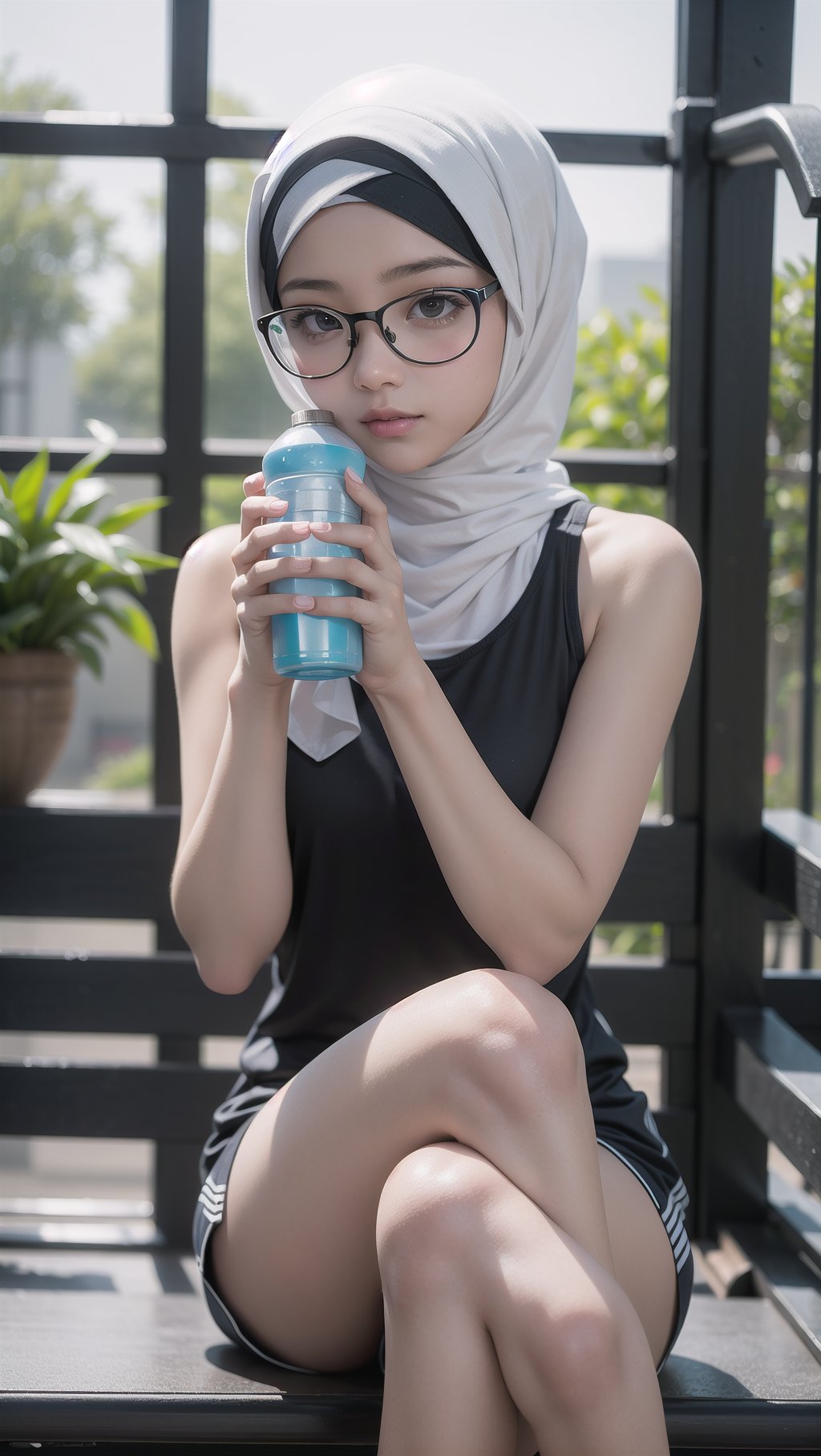 a young cute beautiful malaysian, hijab, in gym, muslim, crossed legs pose, she wear glasses, masterpiece, ultra realistic, 32k, sharp focus, realistic, wearing athleisure, holding a drinking bottle.