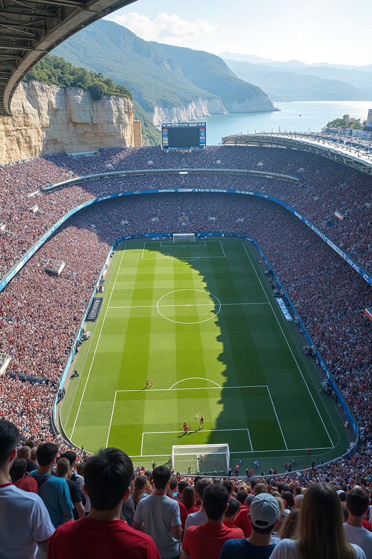 A soccer stadium,  built into the side of an ancient cliff,  with people playing on it. A crowd watches from above and aro...