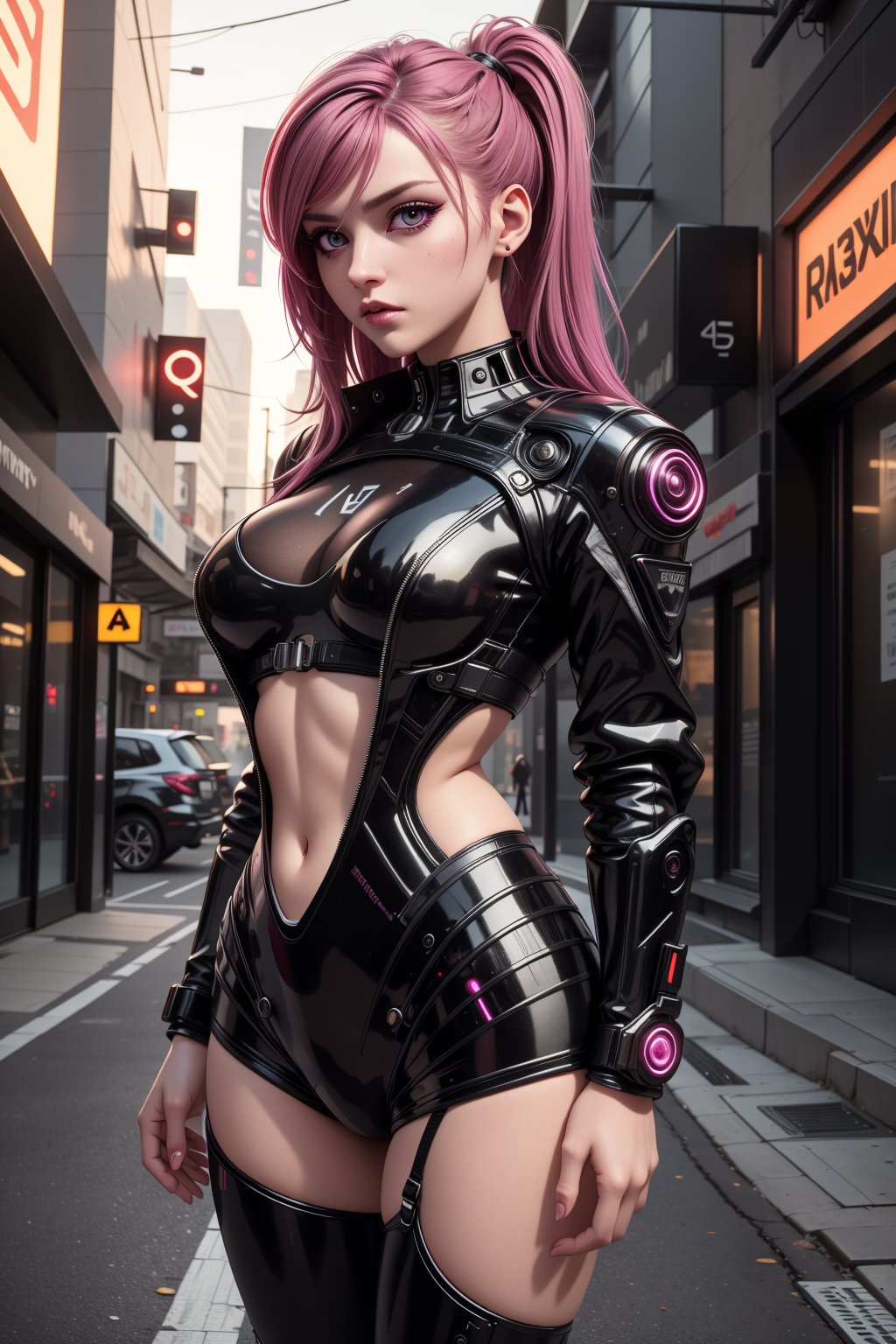 Pretty female android with colored magenta eyes, magenta hair, wearing a black jacket, cyberpunk, outdoor, street, hyperrealism, photorealistic, 8k, unreal engine, 3d render --ar 9:16 --niji 5 --style expressive --s 400