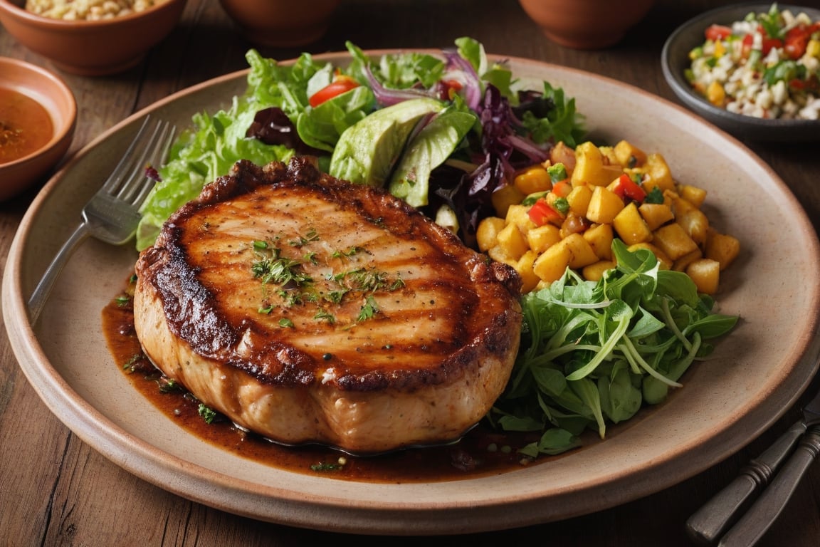 Large chicken chop steak, in baked potatoes with spices. On the sides with an amazing looking salad. In a terracotta plate, sharp focus, studio shot, intricate details, extremely detailed, by Fedya Serafiev.