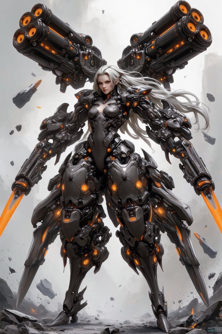 A stunning fusion of human elegance and mechanized power,  this futuristic female warrior dominates the scene,  surrounded...