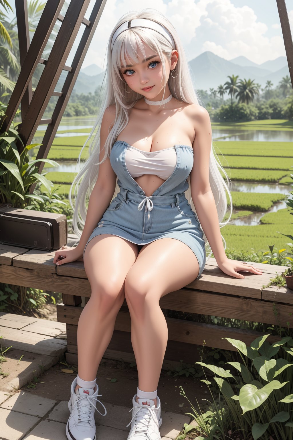 (Risteena Munim 1:1), 18 years old girl, instagram celebrities, detailed blue eyes, long wavy hair, white hair, long front bangs hair, messy hair, strapless tanktop short dress, sneakers shoes, wet clothes, HD, 8K, in the morning, walking at indonesian village, dirt path, rice fields, banana trees, mountains view, sitting on the edge of the ponds, showing beautifull thigh, headband,huge boob, from front,
1girl, most beautiful russian girl, Russian beauty model, stunningly beautiful girl, gorgeous girl, over sized eyes, big eyes, smiling, looking at viewer