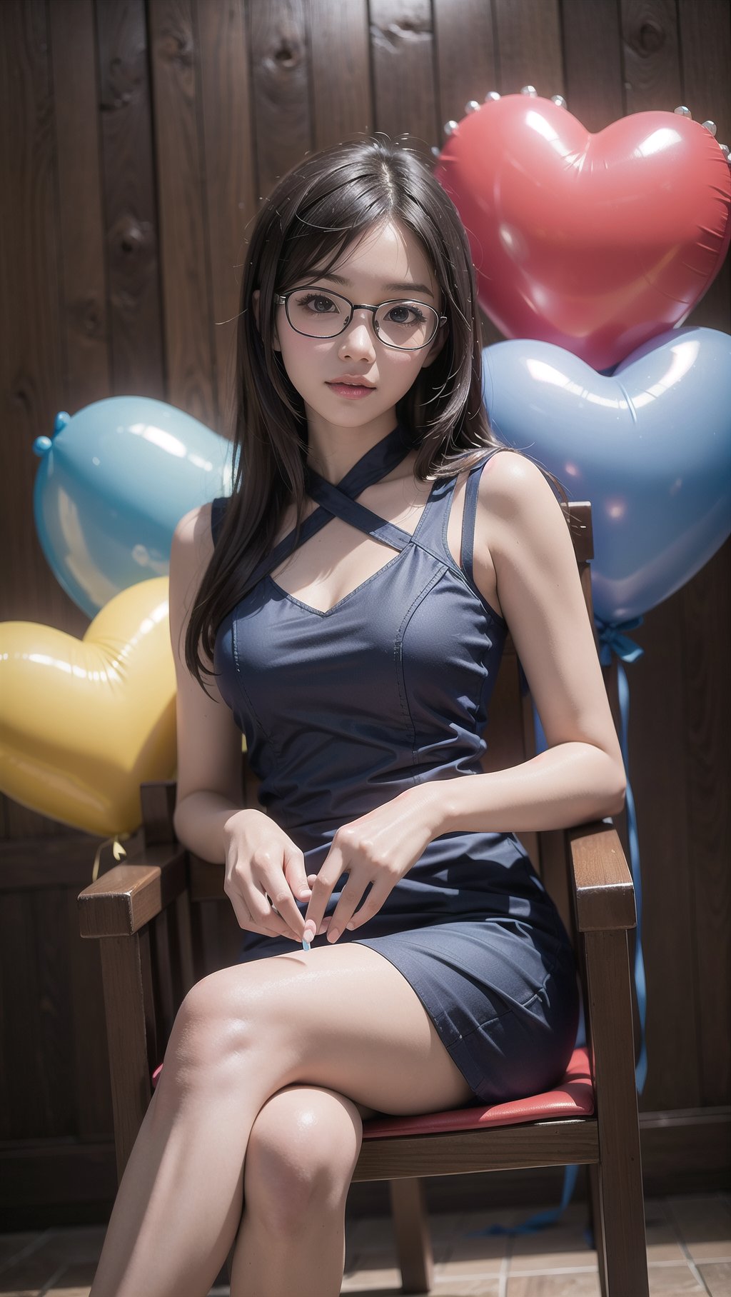 a young cute beautiful malaysian, in spa, she sitting at the chair crossed legs, she wear glasses with hair style, masterpiece, ultra realistic, 32k, sharp focus, realistic, wearing short kebaya and short batik, holding the balloon with heart shape and with text "I Love You Kimi" at balloon,