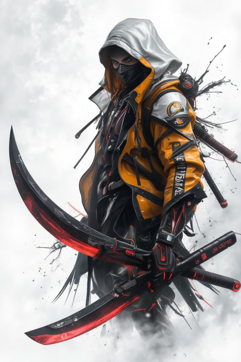 line art 2.5D anime style, an ninja assassin,.wear hoodie, wear a  half assassin mask, wield a dual blade with grip at center part, curving like a moon shape, white background, fully with smoke and foggy (line stroke style), the art mixing with black, white, orange and red colors