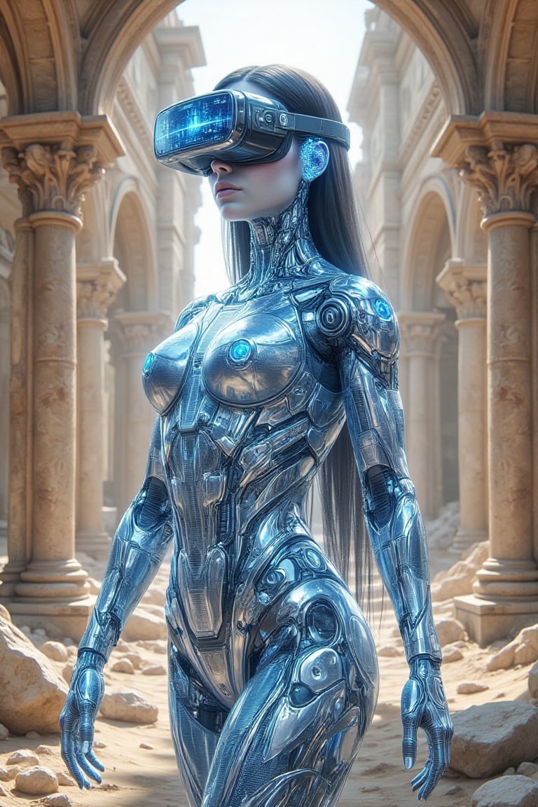 In this stunning and futuristic artwork,  a female figure stands confidently amidst the ruins of an ancient,  crumbling st...