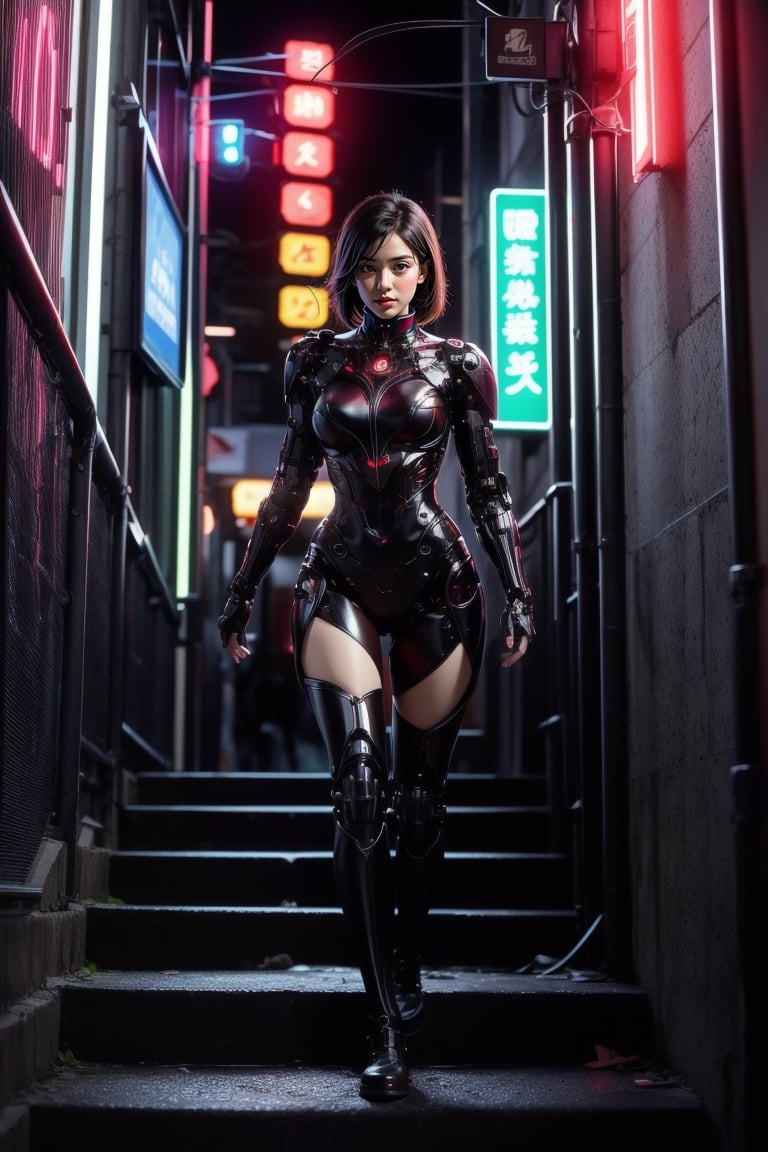 A cyborg detective with a cybernetic eye that can see through walls and detect hidden information, stalks through the neon-drenched streets of a futuristic city. Her expression is one of steely determination, her every step fueled by an unwavering pursuit of justice in a world where technology blurs the lines between right and wrong