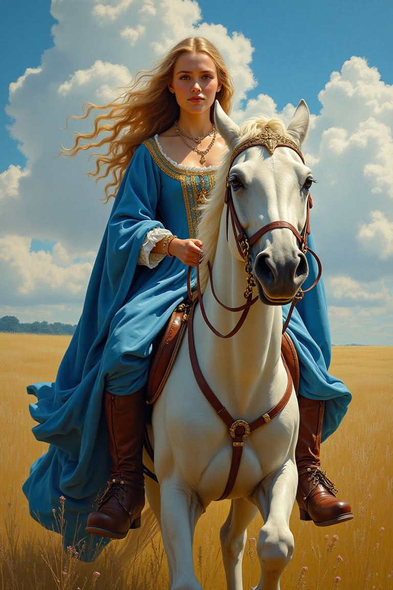 An oil painting in vibrant color,  featuring an 18-year-old princess of medieval France,  exuding youthful vitality and gr...