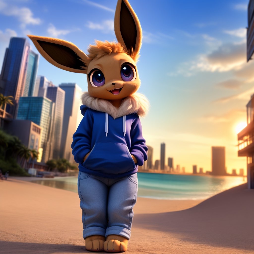 solo (anthro female eevee),
(hoodie, jeans, medium breasts, paws, young, body fur, fur tufts, fur fluff, happy, big eyes, glistening eyes, very cute, full body, looking at viewer, standing, outside, city, near beach, landscape, hot sunny day)
3d, masterpiece, close up,