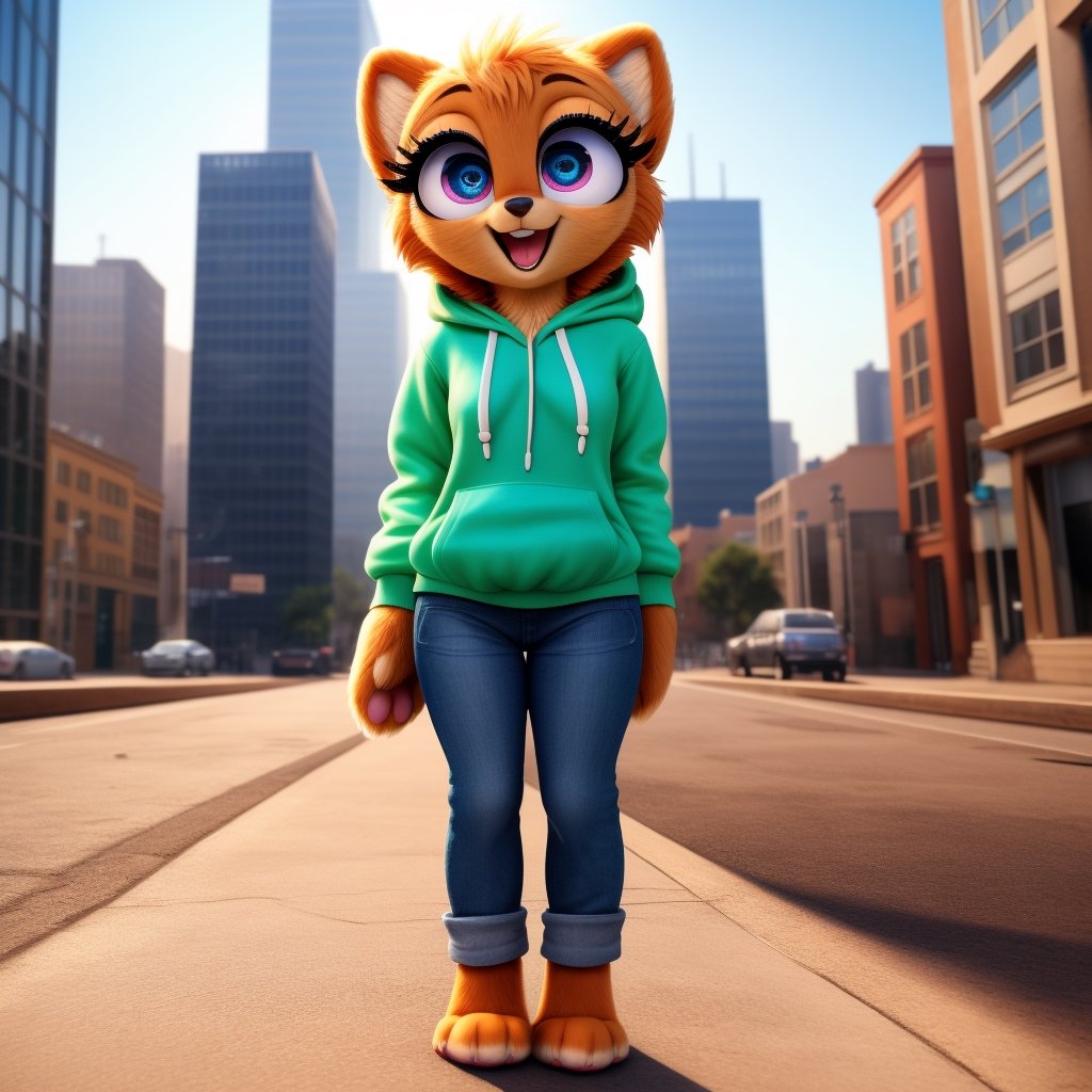 solo (anthro female kiff),
(hoodie, jeans, medium breasts, paws, young, body fur, fur tufts, fur fluff, happy, big eyes, glistening eyes, big eyelashes, very cute, full body, looking at viewer, standing, outside, city, landscape, hot sunny day)
3d, masterpiece, close up