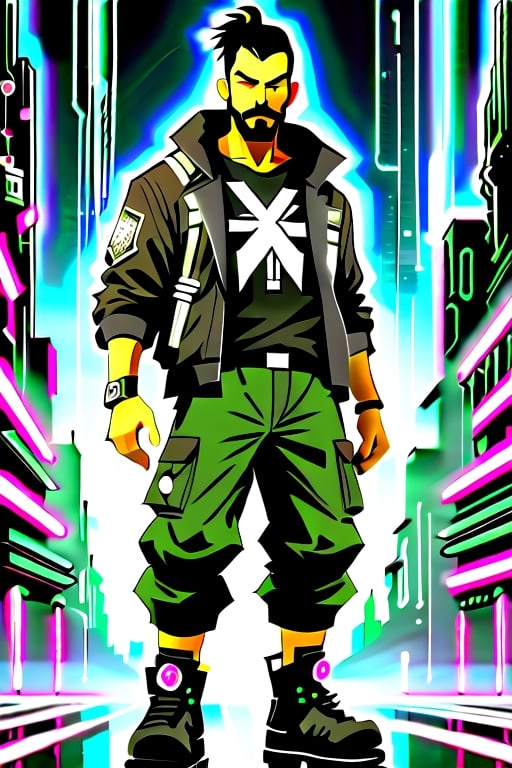 The image is epic, an imposing Japanese man, short and thin, with black hair and a well-kept beard, he has wolfish features, he is wearing an Adidas jacket, tactical cargo pants, high black military boots, he is using a mobile phone. beard, rogue, punk boots, The background represents a cybercity, electrical reflections, mechanical spiders crawl on the floor, pircings,