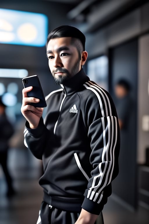 thirty years old, Japanese, black short hair, white long streak, black adidas tracksuit, thin, short beard, cyberpunk style, ninja, wherewolf style, has a smartphone in one hand,
