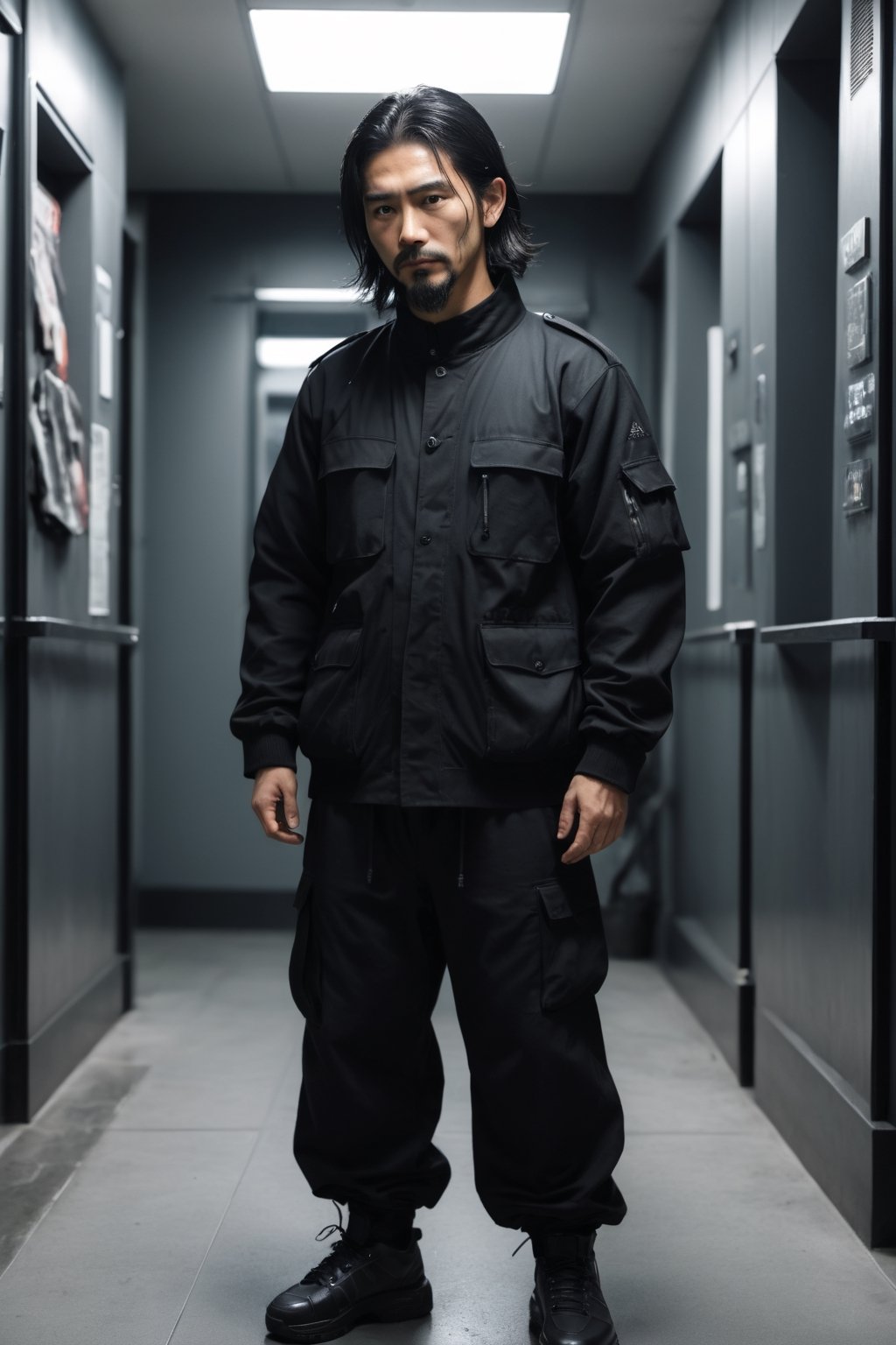 Ultra realista hombre samurái, hombre japones, hombre 30 años, pelo negro, rasgos lobunos, barba negra, utiliza un teléfono móvil, viste chaqueta Adidas, pantalón cargo ajustado, botas militares negras, la imagen está sobre un fondo de megaciudad futurista, reflejos de agua en el suelo, Una foto legendaria de un hombre japonés en un entorno oscuro y áspero.  Está sentado en un trono de calaveras, rodeado por los restos de la batalla.  La pose es dinámica y atractiva, con el ninja mirando directamente al espectador.  Los colores son vibrantes y saturados, con un fuerte énfasis en el rojo y el negro.  El nivel de detalle es increíble, con cada calavera y cada pieza de armadura representadas con un realismo sorprendente.  La imagen ha sido postprocesada para agregar aún más detalles y atmósfera.  El efecto general es de ultrarrealismo y calidad cinematográfica.
