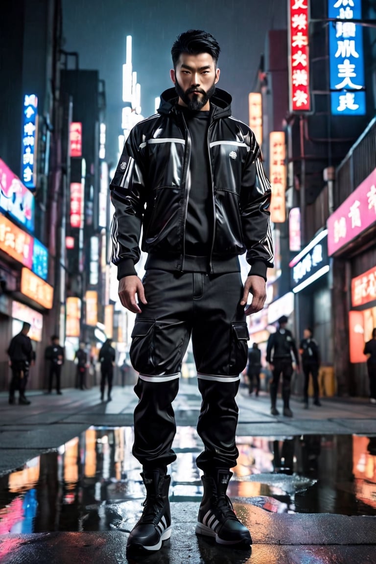  dystopian mega city, an accurate and detailed full-body shot of a male superhero character, thirty years old, Japanese, black short hair, black adidas tracksuit with tactical elements, thin, short beard, cyberpunk style, dark cargo jeans, black combat boots, Air flow, water flow, Scenes illuminated by dramatic lighting, highlighting the symmetrical beauty of the scene. displaying an elegant posture, The entire scene is captured with a wide-angle lens, creating a 12K raw photo sense of epic scale. Exquisitely perfect symmetric very gorgeous face, Exquisite delicate crystal clear skin, Detailed beautiful japan eyes, perfect slim body, slender and beautiful fingers, nice hands, perfect hands carry a mobile phone,
,r1ge,lighting