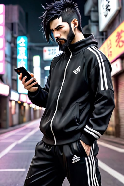 thirty years old, Japanese, black short hair, white long streak, black adidas tracksuit, thin, short beard, cyberpunk style, ninja, wherewolf style, has a smartphone in one hand,
