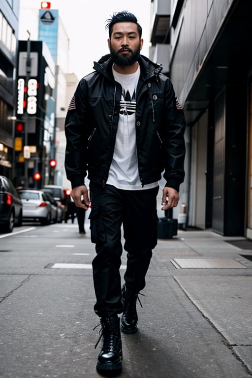 The image is epic, an imposing Japanese man, short and thin, with black hair and a well-kept beard, he has wolfish features, he is wearing an Adidas jacket, tactical cargo pants, high black military boots, he is using a mobile phone. beard, rogue, punk boots, The background represents a cybercity, electrical reflections, mechanical spiders crawl on the floor