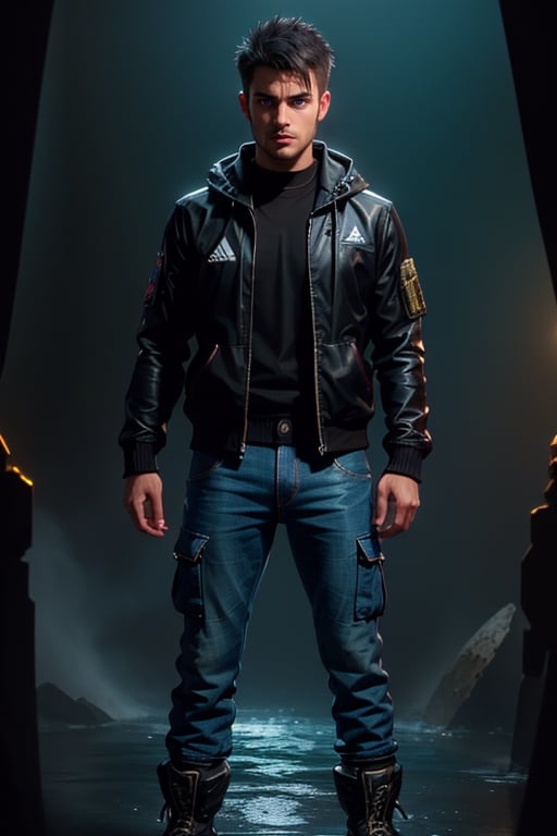 an accurate and detailed full-body shot of a male superhero character, thirty years old, japan male, black short hair, black adidas tracksuit with tactical elements, thin, short beard, cyberpunk style, dark cargo jeans and black combat boots, Air flow, water flow, Scenes illuminated by dramatic lighting. displaying an elegant posture, The entire scene is captured with a wide-angle lens, creating a 12K raw photo sense of epic scale. Exquisitely perfect symmetric very gorgeous face, Exquisite delicate crystal clear skin, perfect slim body, slender and beautiful fingers, nice hands, perfect hands carry a mobile phone, (masterpiece), best quality, extreme detailed, intricate, futuristic, cables, energy ligthing
,r1ge,lighting,raidenmgr,1boy,1guy,LegendDarkFantasy,Beautiful Eyes,xxmixgirl,shodanSS_soul3142,asina man