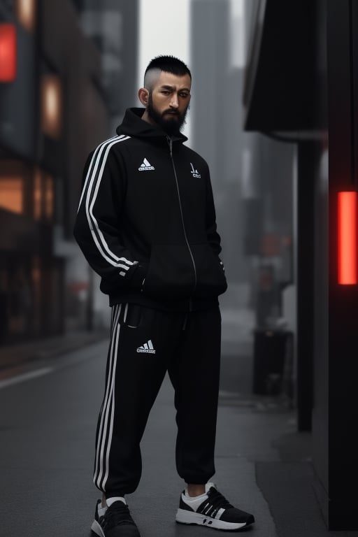 thirty years old, Japanese, black short hair, white long streak, black adidas tracksuit, thin, short beard, cyberpunk style, ninja, wherewolf style, has a smartphone in one hand,
