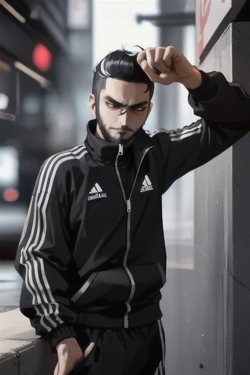 thirty years old, Japanese, black short hair, white long streak, black adidas tracksuit, thin, short beard, cyberpunk style, ninja, wherewolf style, has a smartphone in one hand,
,1guy