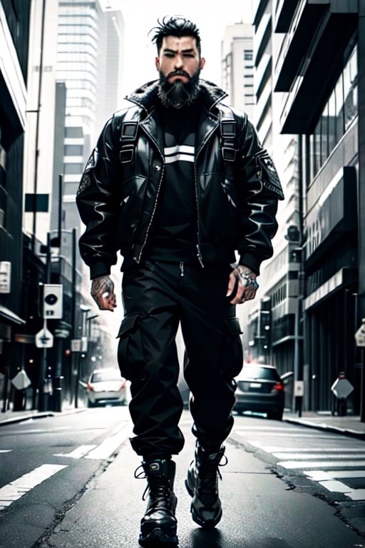 The image is epic, an imposing Japanese man, short and thin, with black hair and a well-kept beard, he has wolfish features, he is wearing an Adidas jacket, tactical cargo pants, high black military boots, he is using a mobile phone. beard, rogue, punk boots, The background represents a cybercity, electrical reflections, mechanical spiders crawl on the floor, pircings,