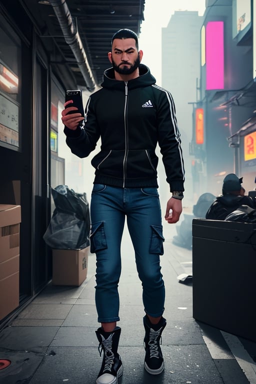 thirty years old, Japanese, black short hair, white long streak, black adidas tracksuit, thin, short beard, cyberpunk style, ninja, wherewolf style, has a smartphone in one hand, dark cargo jeans, black high punk boots
