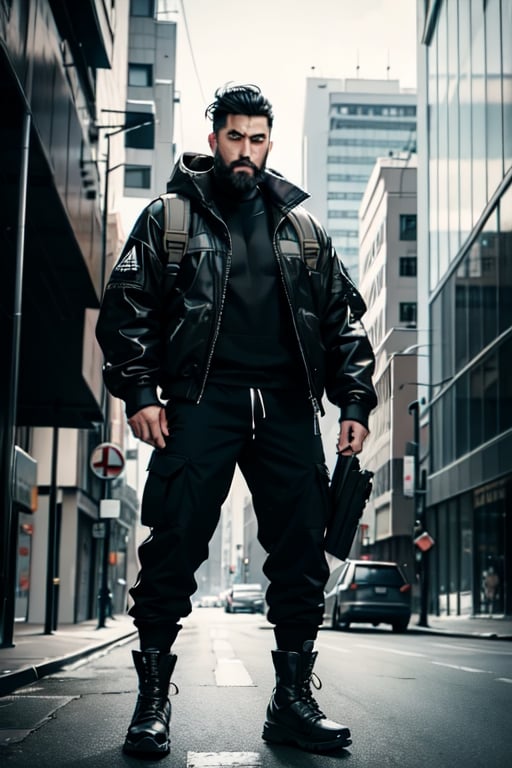 The image is epic, an imposing Japanese man, short and thin, with black hair and a well-kept beard, he has wolfish features, he is wearing an Adidas jacket, tactical cargo pants, high black military boots, he is using a mobile phone. beard, rogue, punk boots, The background represents a cybercity, electrical reflections, mechanical spiders crawl on the floor, pircings,