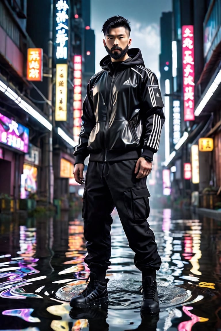  dystopian mega city, an accurate and detailed full-body shot of a male superhero character, thirty years old, Japanese, black short hair, black adidas tracksuit with tactical elements, thin, short beard, cyberpunk style, dark cargo jeans, black combat boots, Air flow, water flow, Scenes illuminated by dramatic lighting, highlighting the symmetrical beauty of the scene. displaying an elegant posture, The entire scene is captured with a wide-angle lens, creating a 12K raw photo sense of epic scale. Exquisitely perfect symmetric very gorgeous face, Exquisite delicate crystal clear skin, Detailed beautiful japan eyes, perfect slim body, slender and beautiful fingers, nice hands, perfect hands carry a mobile phone,
,r1ge,lighting