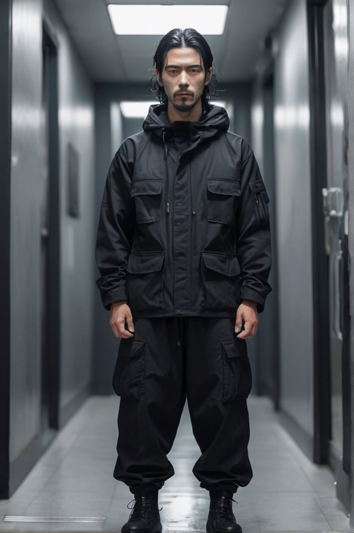 Ultra realista hombre samurái, hombre japones, hombre 30 años, pelo negro, rasgos lobunos, barba negra, utiliza un teléfono móvil, viste chaqueta Adidas, pantalón cargo ajustado, botas militares negras, la imagen está sobre un fondo de megaciudad futurista, reflejos de agua en el suelo, Una foto legendaria de un hombre japonés en un entorno oscuro y áspero.  Está sentado en un trono de calaveras, rodeado por los restos de la batalla.  La pose es dinámica y atractiva, con el ninja mirando directamente al espectador.  Los colores son vibrantes y saturados, con un fuerte énfasis en el rojo y el negro.  El nivel de detalle es increíble, con cada calavera y cada pieza de armadura representadas con un realismo sorprendente.  La imagen ha sido postprocesada para agregar aún más detalles y atmósfera.  El efecto general es de ultrarrealismo y calidad cinematográfica.
