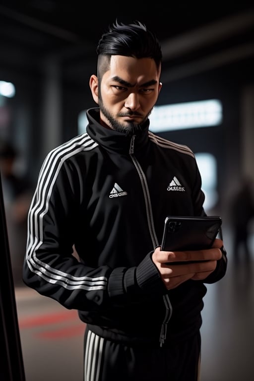 thirty years old, Japanese, black short hair, white long streak, black adidas tracksuit, thin, short beard, cyberpunk style, ninja, wherewolf style, has a smartphone in one hand,
,1guy