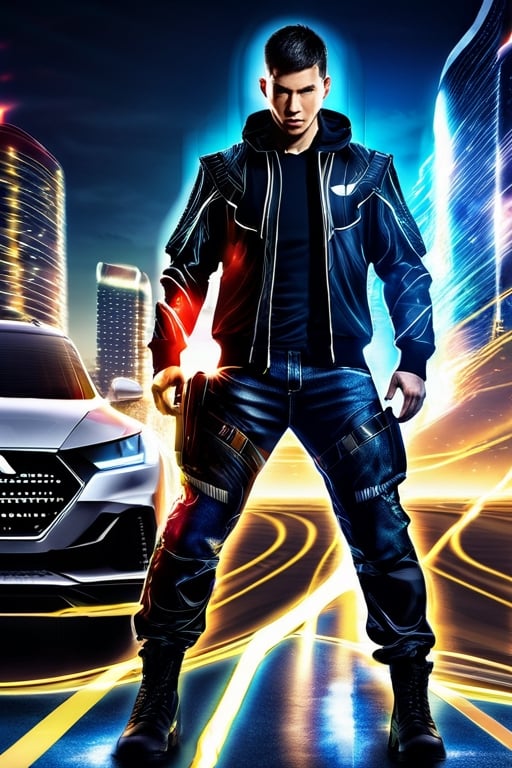 an accurate and detailed full-body shot of a male superhero character, thirty years old, japan male, black short hair, black adidas tracksuit with tactical elements, thin, short beard, cyberpunk style, dark cargo jeans and black combat boots, Air flow, water flow, Scenes illuminated by dramatic lighting. displaying an elegant posture, The entire scene is captured with a wide-angle lens, creating a 12K raw photo sense of epic scale. Exquisitely perfect symmetric very gorgeous face, Exquisite delicate crystal clear skin, perfect slim body, slender and beautiful fingers, nice hands, perfect hands carry a mobile phone, (masterpiece), best quality, extreme detailed, intricate, futuristic, cables, energy ligthing
,r1ge,lighting,raidenmgr,1boy,1guy,LegendDarkFantasy,Beautiful Eyes