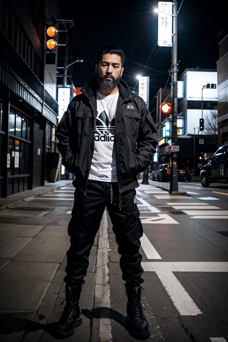 The image is epic, an imposing Japanese man, short and thin, with black hair and a well-kept beard, he has wolfish features, he is wearing an Adidas jacket, tactical cargo pants, high black military boots, he is using a mobile phone. beard, rogue, punk boots, The background represents a cybercity, electrical reflections, mechanical spiders crawl on the floor, pircings,