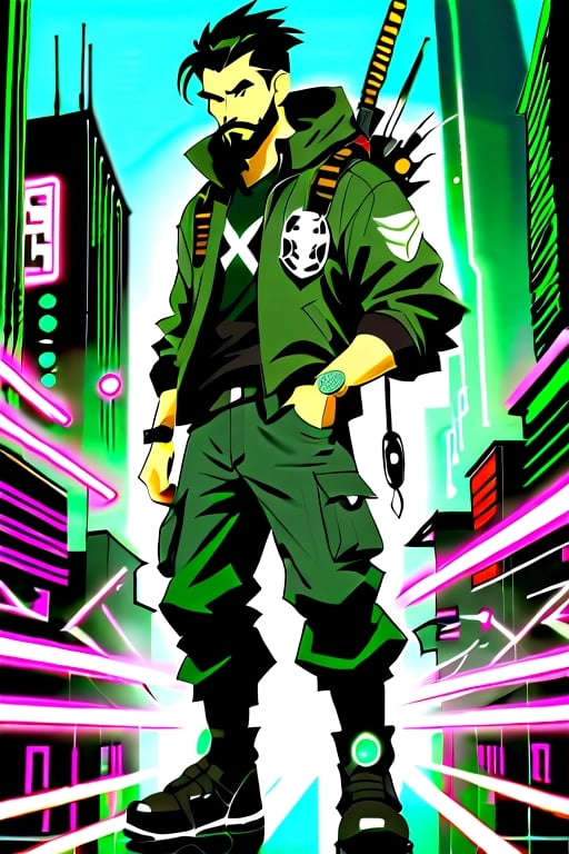 The image is epic, an imposing Japanese man, short and thin, with black hair and a well-kept beard, he has wolfish features, he is wearing an Adidas jacket, tactical cargo pants, high black military boots, he is using a mobile phone. beard, rogue, punk boots, The background represents a cybercity, electrical reflections, mechanical spiders crawl on the floor, pircings,