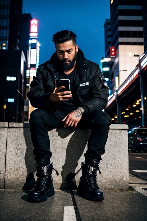 The image is epic, an imposing Japanese man, short and thin, with black hair and a well-kept beard, he has wolfish features, he is wearing an Adidas jacket, tactical cargo pants, high black military boots, he is using a mobile phone. beard, rogue, punk boots, The background represents a cybercity, electrical reflections, mechanical spiders crawl on the floor