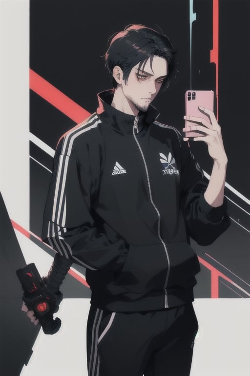 thirty years old, Japanese, black short hair, white long streak, black adidas tracksuit, thin, short beard, cyberpunk style, ninja, wherewolf style, has a smartphone in one hand, warrior, perfect hands,
,1guy