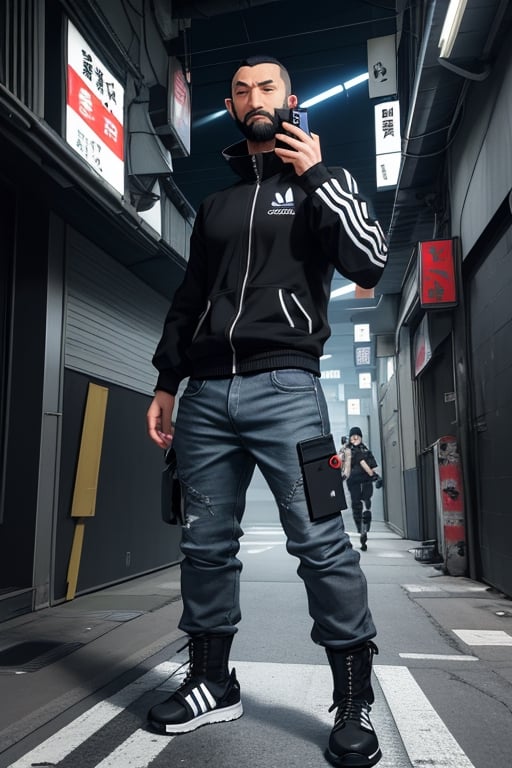 thirty years old, Japanese, black short hair, white long streak, black adidas tracksuit, thin, short beard, cyberpunk style, ninja, wherewolf style, has a smartphone in one hand, dark cargo jeans, military boots
