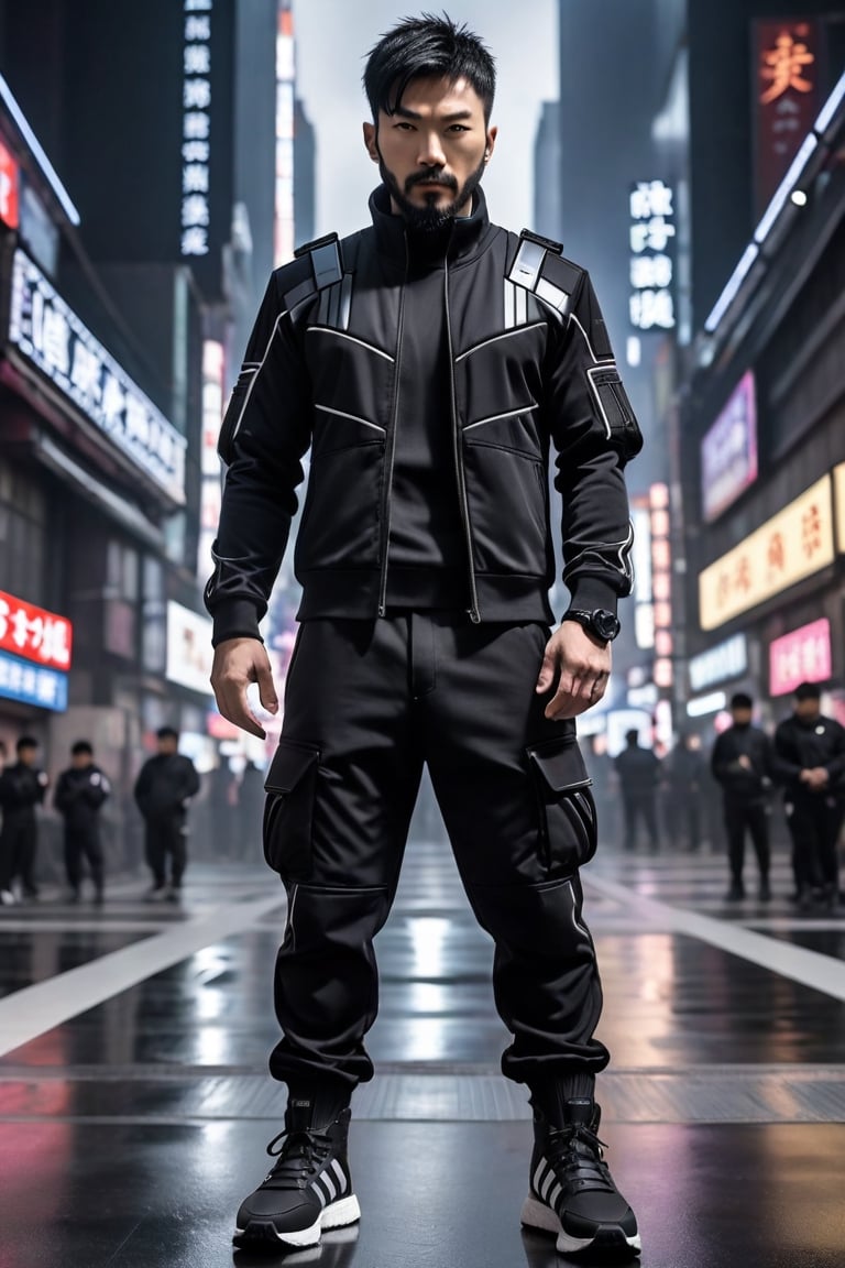  dystopian mega city, an accurate and detailed full-body shot of a male superhero character, thirty years old, Japanese, black short hair, black adidas tracksuit with tactical elements, thin, short beard, cyberpunk style, dark cargo jeans with tactical elements,, black combat boots, Air flow, Scenes illuminated by dramatic lighting, highlighting the symmetrical beauty of the scene. displaying an elegant posture, The entire scene is captured with a wide-angle lens, creating a 12K raw photo sense of epic scale. Exquisitely perfect symmetric very gorgeous face, Exquisite delicate crystal clear skin, Detailed beautiful japan eyes, perfect slim body, slender and beautiful fingers, nice hands with mobile phone, 
,more detail XL,skpleonardostyle