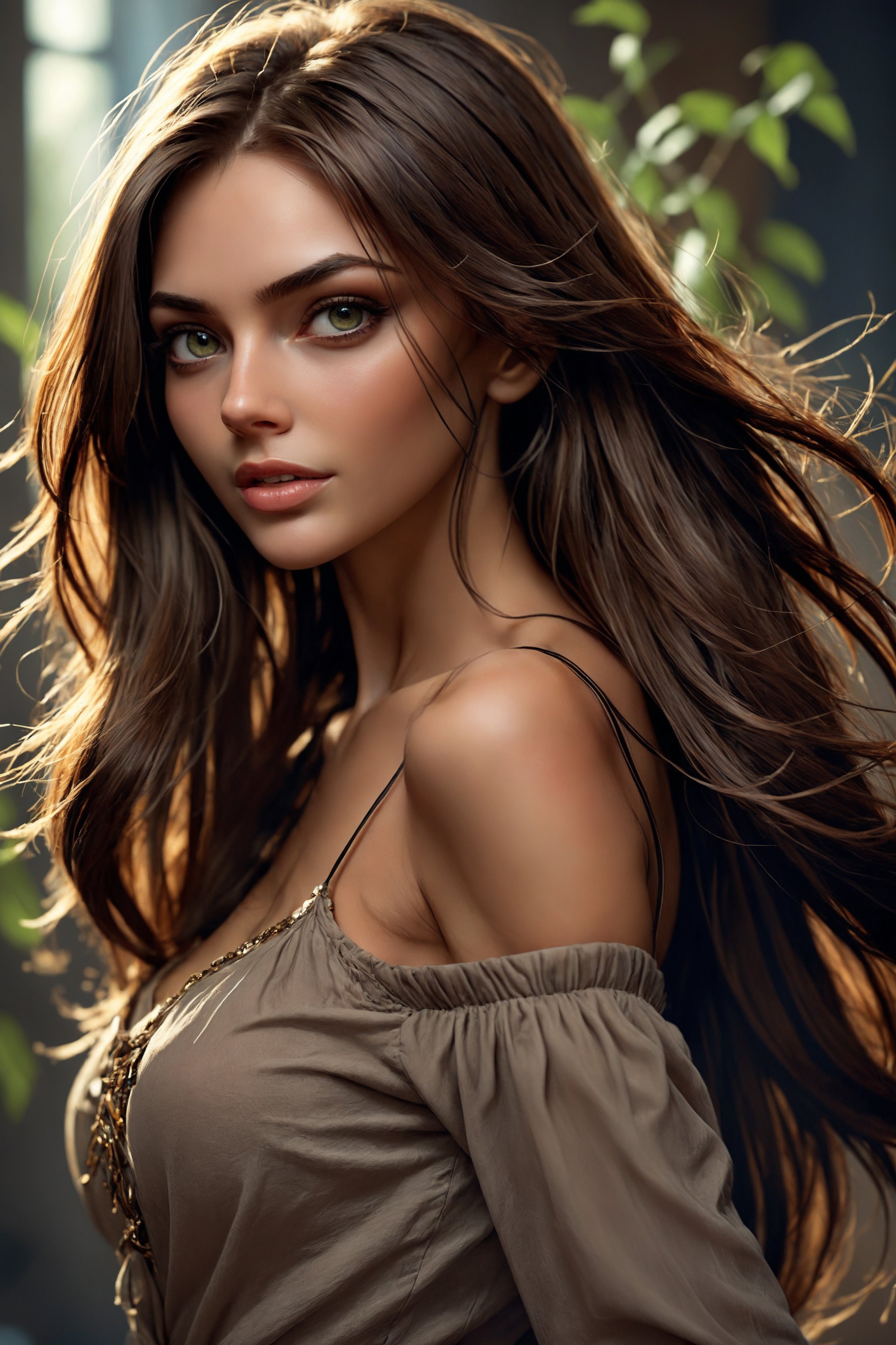 Gorgeous Ukrainian girl,  a close up of a woman with a very long hair,  victoria's secret model by Retrogaming Collection...