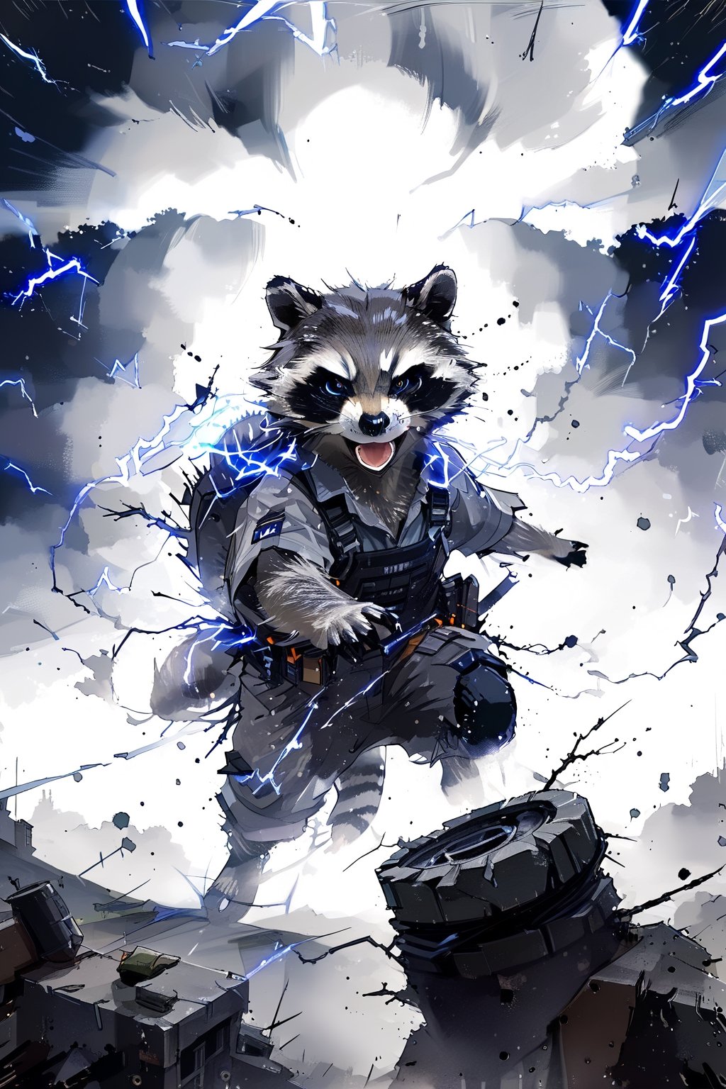 //quality, (masterpiece:1.331), (detailed), ((,best quality,)),//,ink,smoke, close-up,//,,//,((gray racoon,open_mouth)),angry gray racoon,blue lighning eyeded,gray raccoon with electrician's clothes dressed,((straight-on:1.21)),first-person_view,,(((,flying lightning,pov tornado,racoon focus,))),dynamic pose,//,dust-effect,wind-effect,motion_lines,motion_blur,no humans,//,ink smoke,ink smoke background,more detail XL