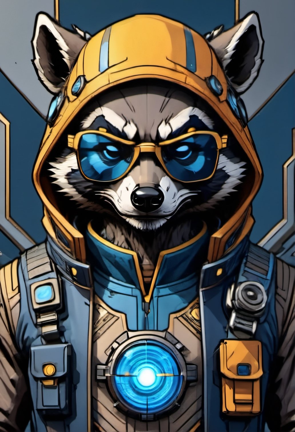 High detailed, High quality, front face close up, cyberpunk art style,no humans, angry gray racoon,gray racoon´s face character, gray racoon with a blue thunder bolt coming out of its eyes,electrician´s clothes dressed gray racoon with golden security glasses on it´s head, background: dark blue with a gear in the middle, intricate details,8k post production,LINEART,Futuristic room,Leonardo Style,comic book,oni style